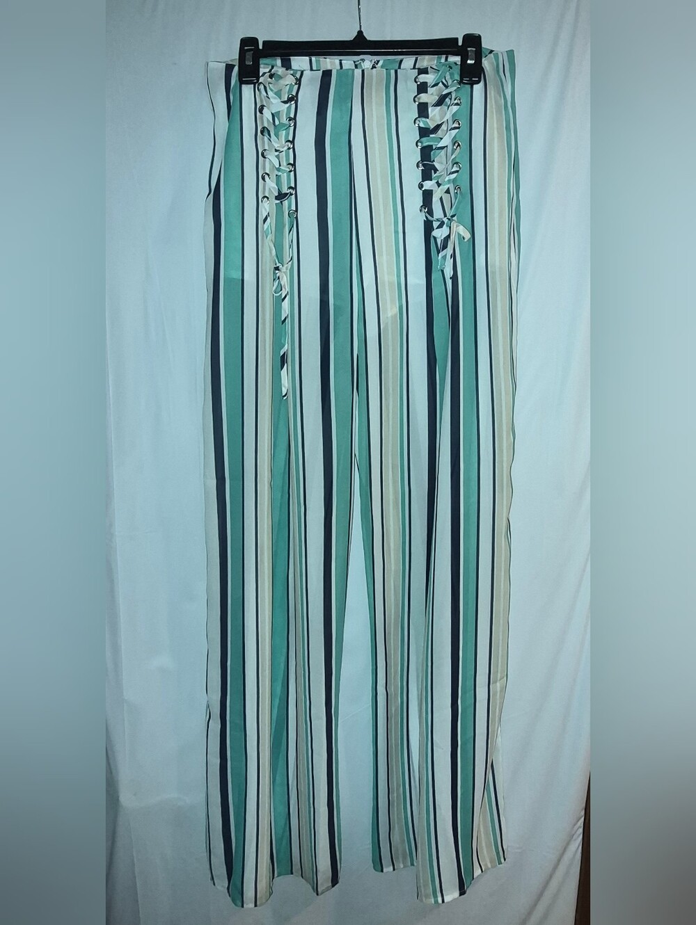 Lulumari Vertical Stripe Wide Leg Pants in Teal, White & Navy